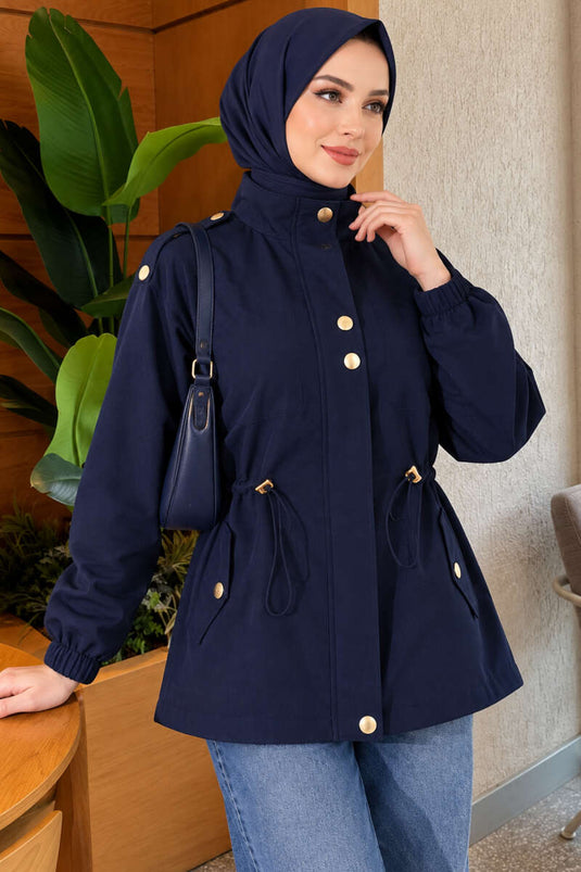 Navy Trenchcoat Met Knopen En Tailleband