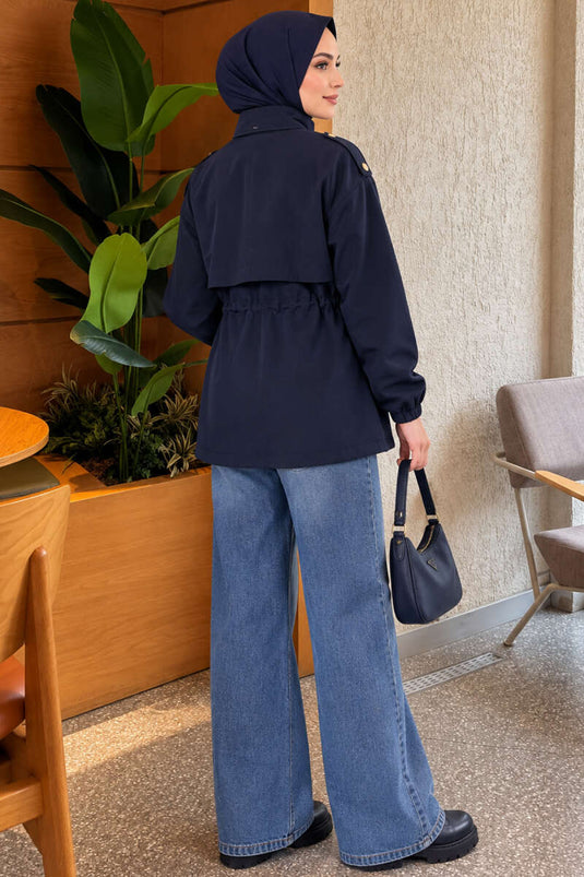 Navy Trenchcoat Met Knopen En Tailleband