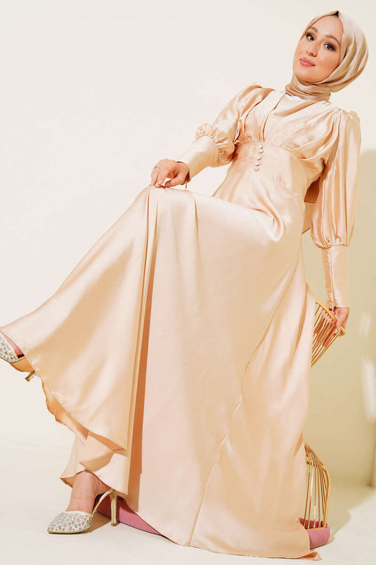 Button Detail Zip Cuff Dress Beige