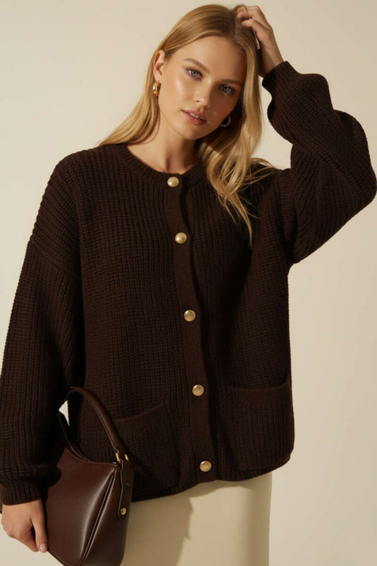 كارديجان محبوك بجيوب وأزرار، بني