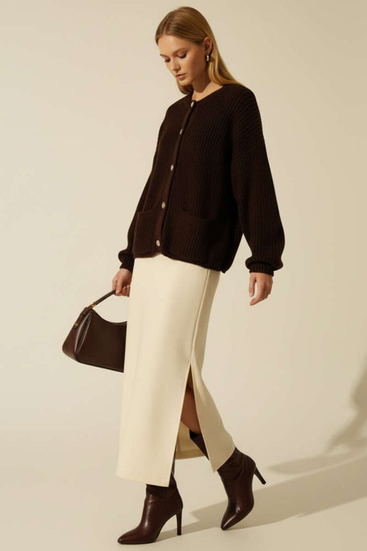 كارديجان محبوك بجيوب وأزرار، بني