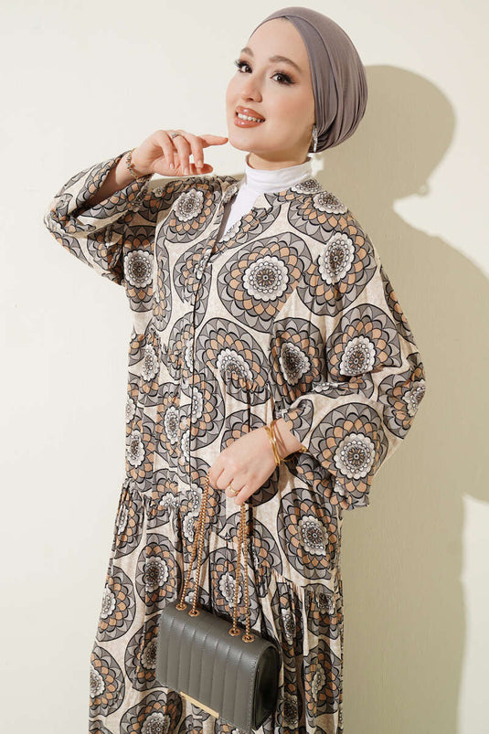 Button Detail Patterned Dress Gray