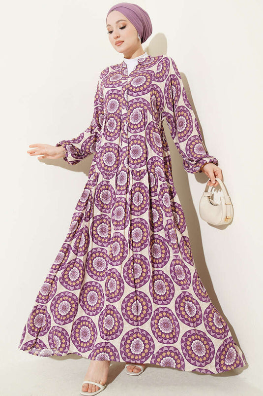 Kleid mit Knopfdetails und Muster, Lila