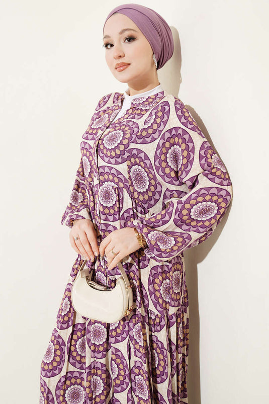 Kleid mit Knopfdetails und Muster, Lila
