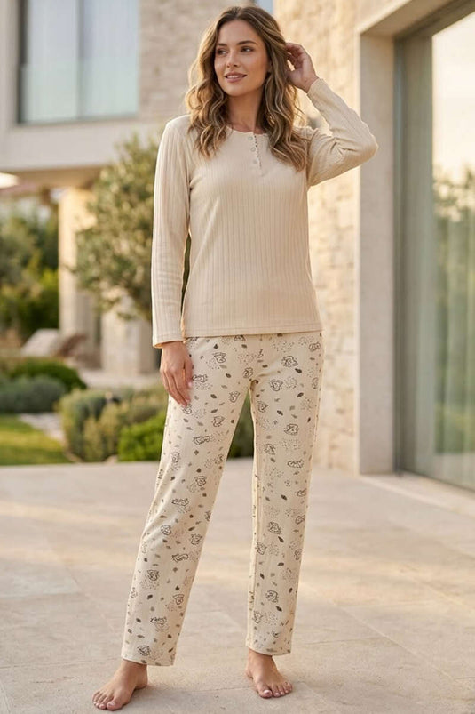 Pyjama Pour Femmes À Motifs Beige Avec Boutons