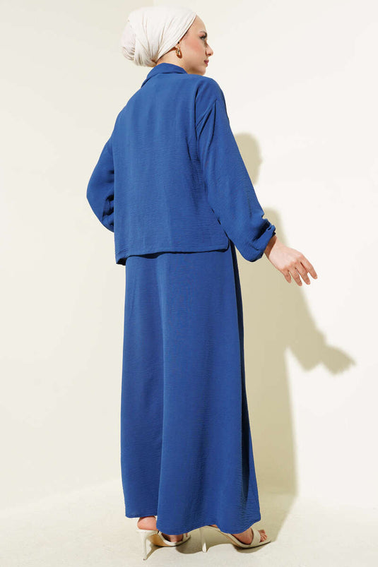 Ensemble deux pièces Ayrobin indigo avec gilet zippé et boutons décoratifs