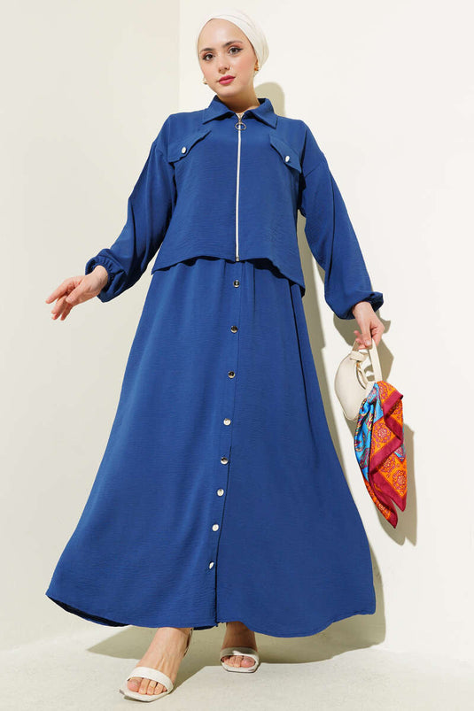 Düğme Detaylı Fermuarlı Ayrobin Jile İkili Takım İndigo