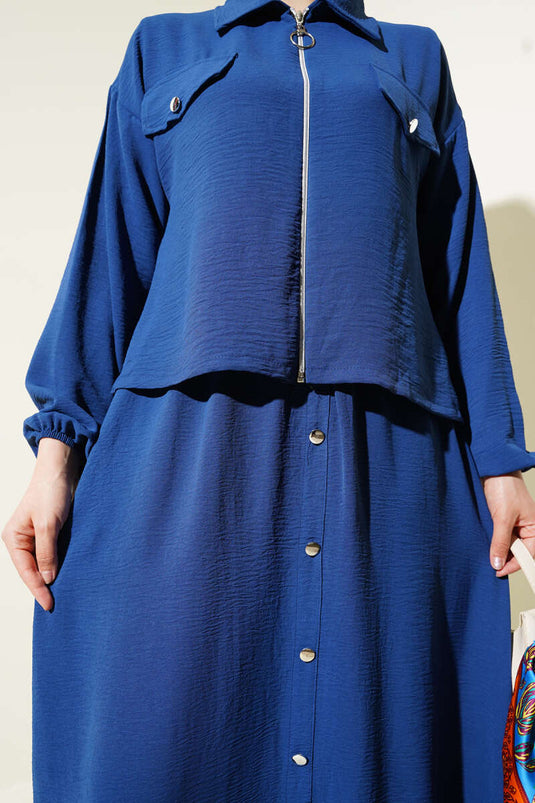 Düğme Detaylı Fermuarlı Ayrobin Jile İkili Takım İndigo