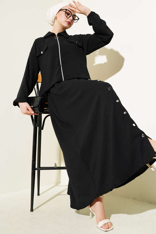 Ensemble deux pièces Ayrobin noir avec gilet zippé et boutons décoratifs