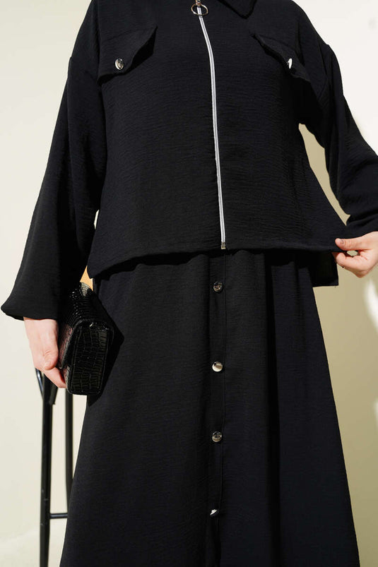 Ensemble deux pièces Ayrobin noir avec gilet zippé et boutons décoratifs