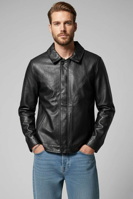 سترة جلدية رجالية بسحاب وتفاصيل أزرار باللون الأسود