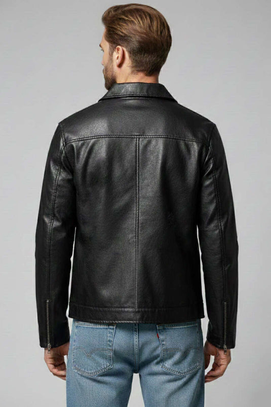 سترة جلدية رجالية بسحاب وتفاصيل أزرار باللون الأسود