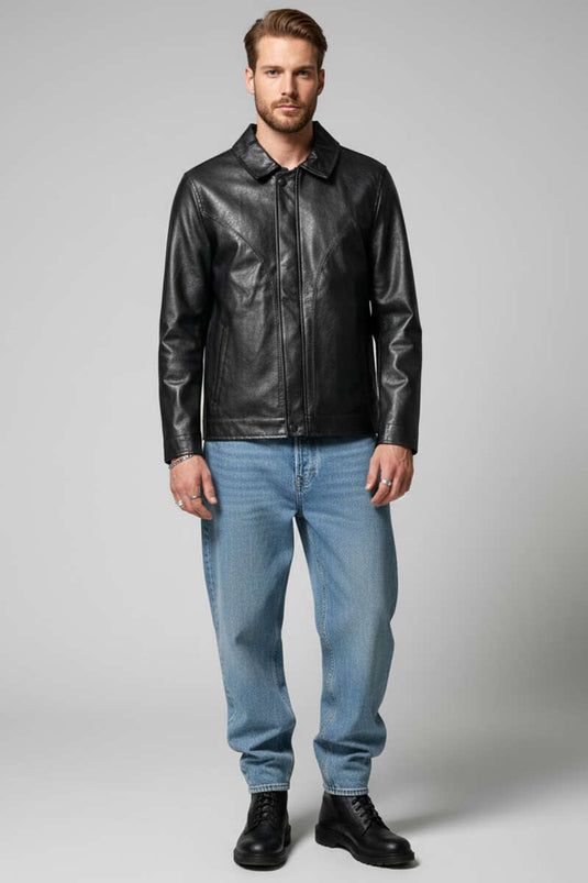 سترة جلدية رجالية بسحاب وتفاصيل أزرار باللون الأسود