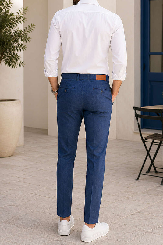 Düğme Detaylı Gabardin Erkek Pantolon Mavi