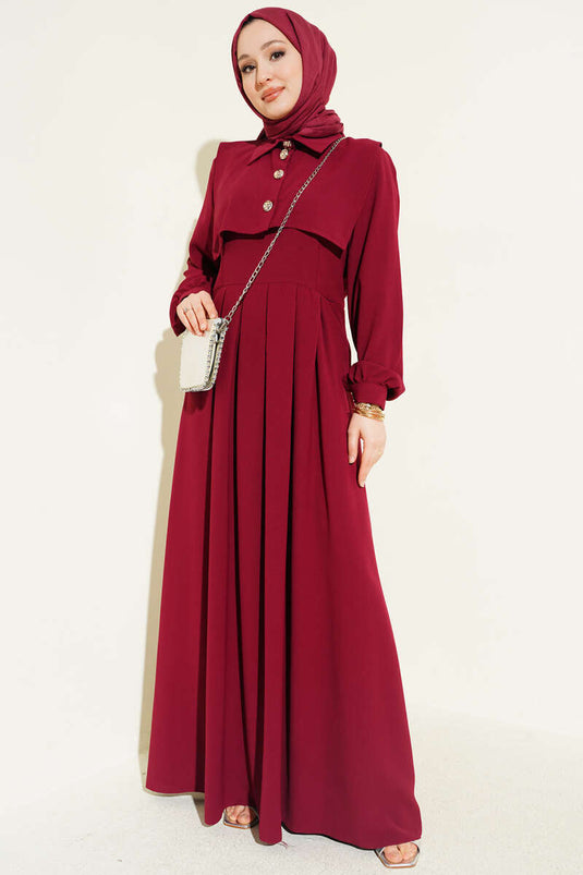Button Detail Pinafore Dress Burgundy