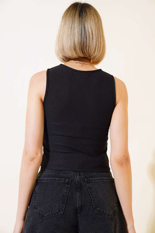 Button Detail Ribbed Crop Black