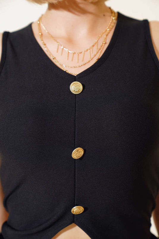 Button Detail Ribbed Crop Black