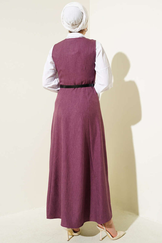 Button Detailed Belted Vest Dress Dusty Rose