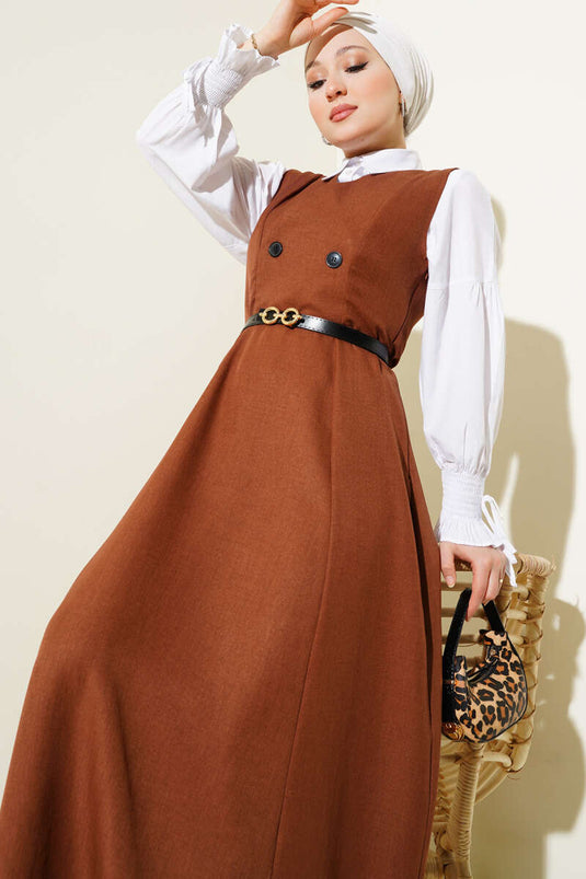 Button Detailed Belted Vest Dress Brown