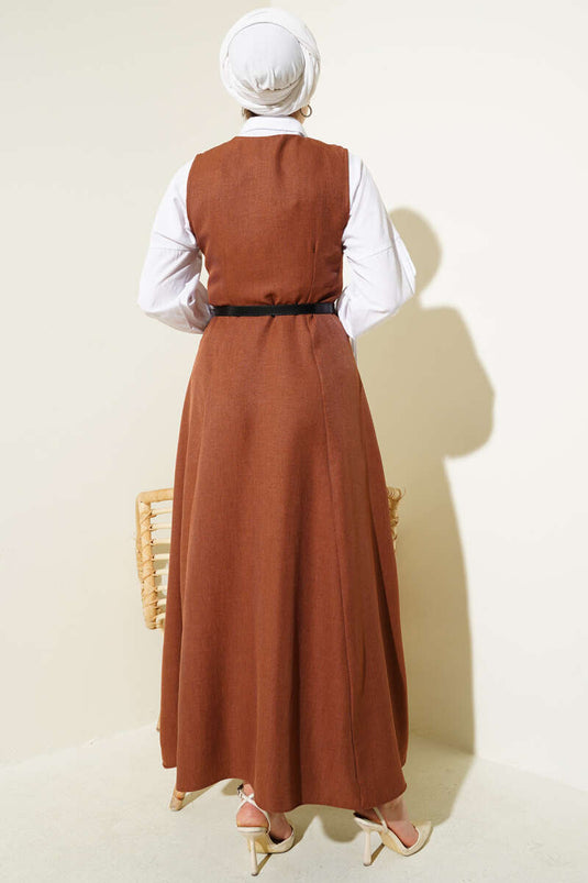 Button Detailed Belted Vest Dress Brown