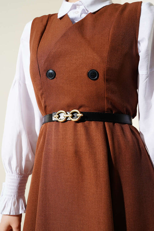 Button Detailed Belted Vest Dress Brown