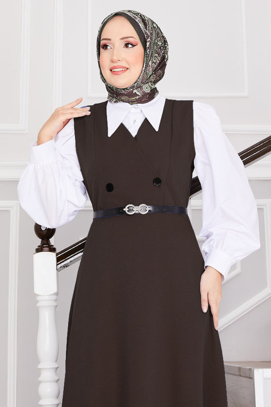 صدرية حجاب بحزام وأزرار، لون بني مر