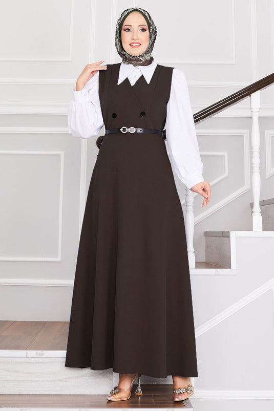 صدرية حجاب بحزام وأزرار، لون بني مر
