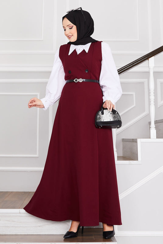 Düğme Detaylı Kemerli Tesettür Jile Bordo