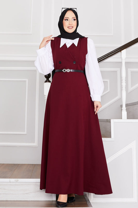 Düğme Detaylı Kemerli Tesettür Jile Bordo