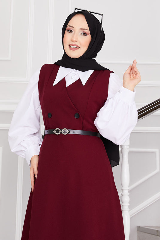 Hijab-Weste mit Knopfdetail und Gürtel, Weinrot