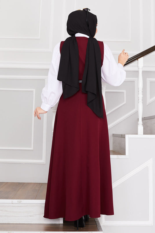 Hijab-Weste mit Knopfdetail und Gürtel, Weinrot