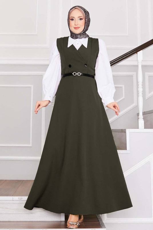 سترة حجاب بحزام وأزرار، لون كاكي