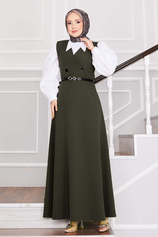 سترة حجاب بحزام وأزرار، لون كاكي