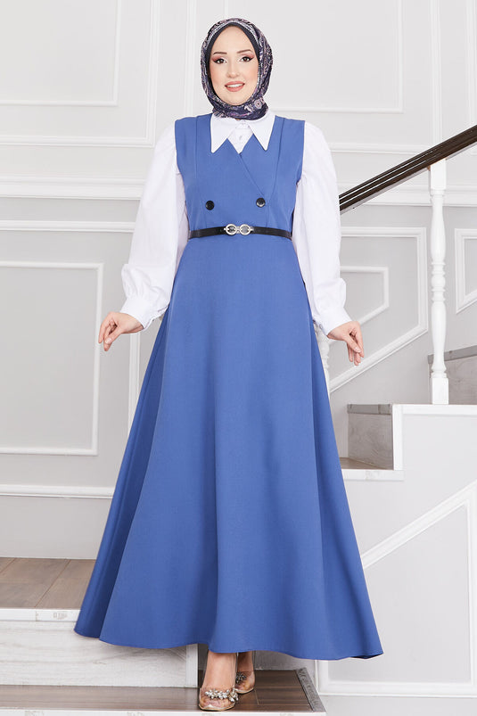 Hijab-Weste mit Knopfdetail und Gürtel, Indigoblau