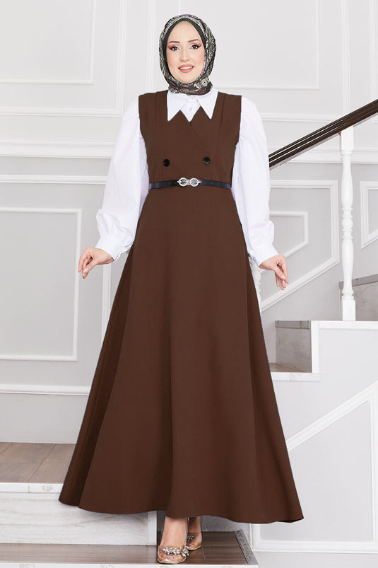 سترة حجاب بحزام وأزرار باللون البني