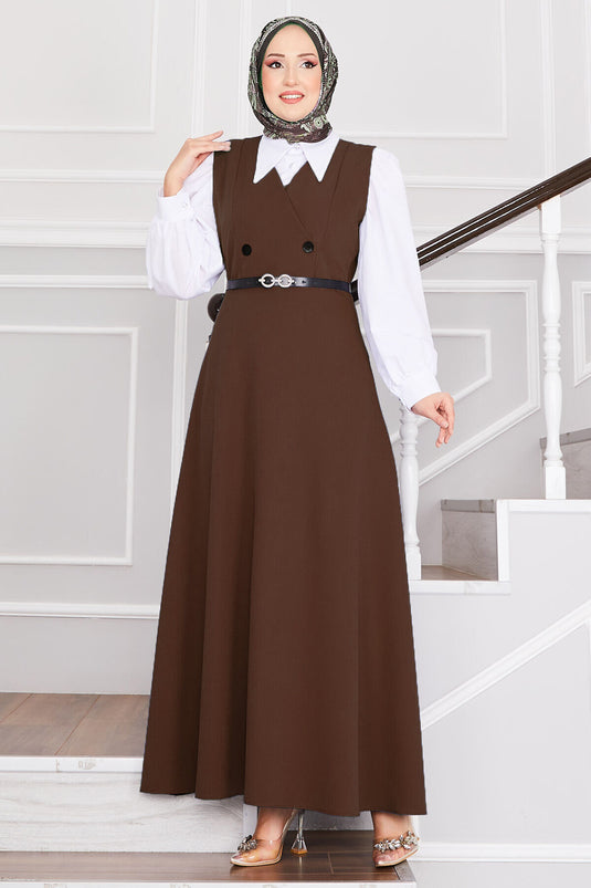 سترة حجاب بحزام وأزرار باللون البني