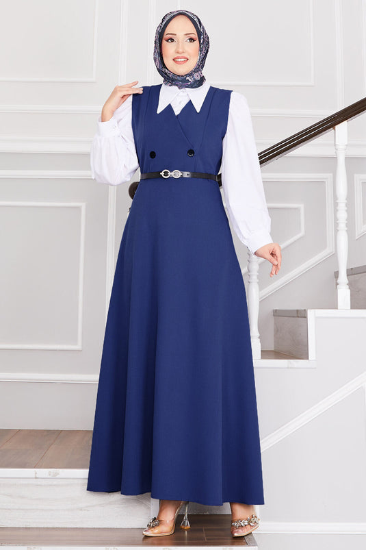 سترة حجاب زرقاء بحزام وأزرار