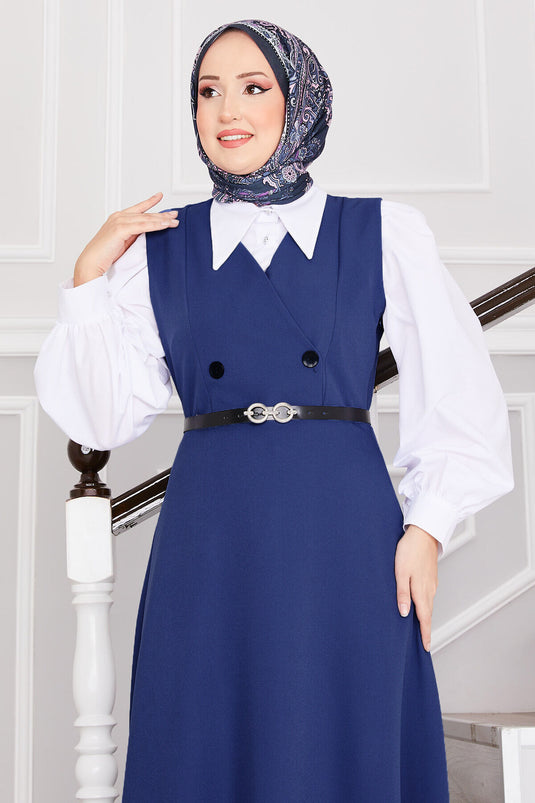 سترة حجاب زرقاء بحزام وأزرار