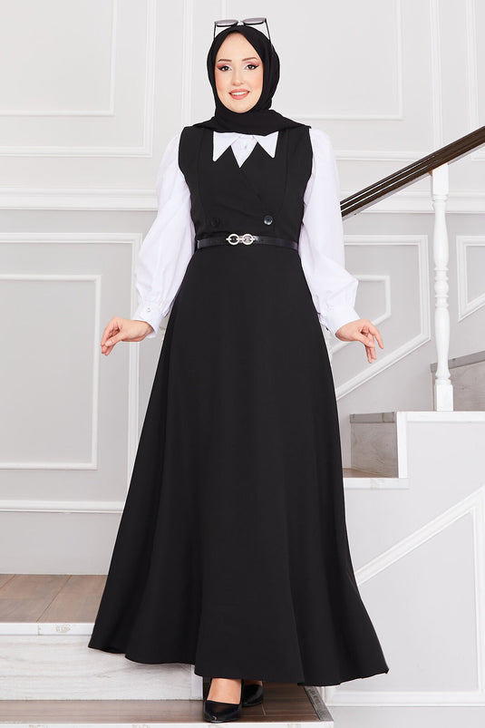 Button Detailed Belted Hijab Dress Black