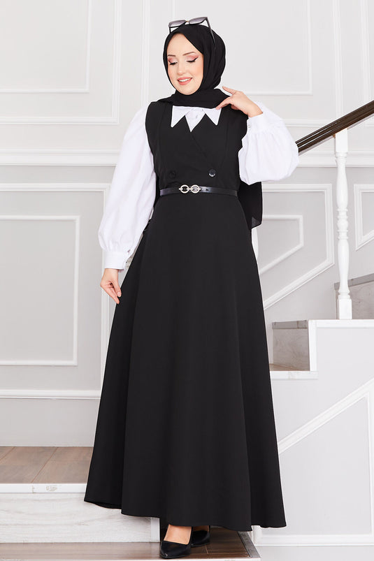 Button Detailed Belted Hijab Dress Black