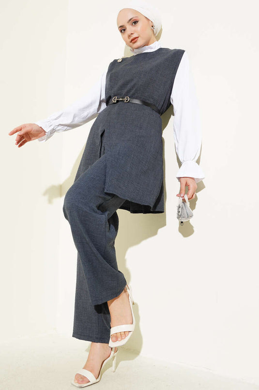 Düğme Detaylı Kemerli Üçlü Takım İndigo