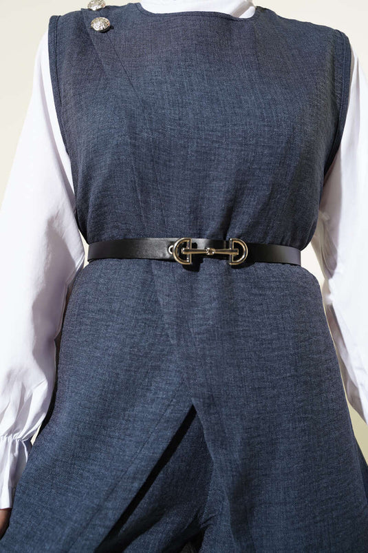 Düğme Detaylı Kemerli Üçlü Takım İndigo