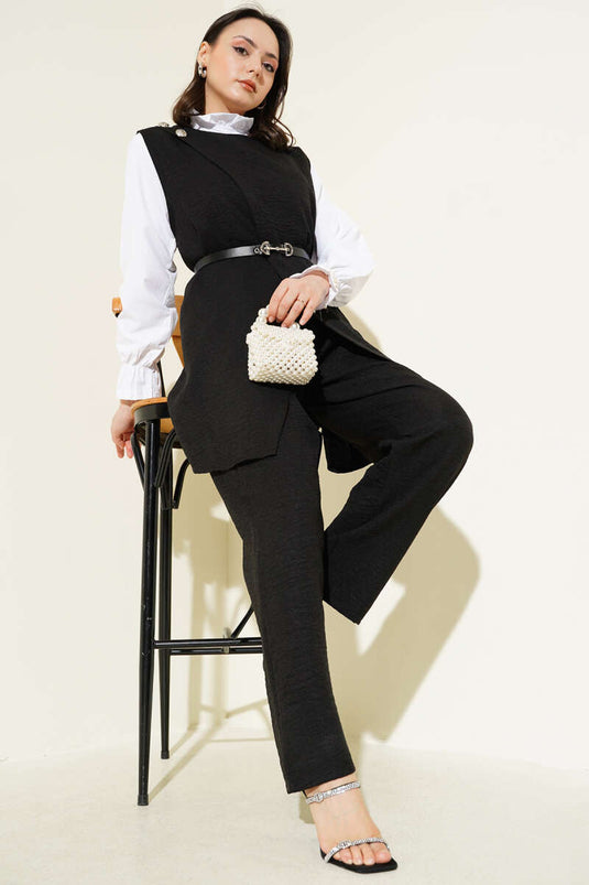 Düğme Detaylı Kemerli Üçlü Takım Siyah