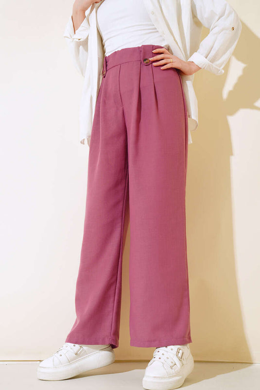 Button Detail Loose Linen Pants Magenta