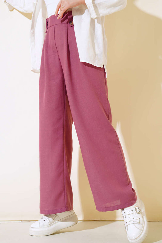 Button Detail Loose Linen Pants Magenta