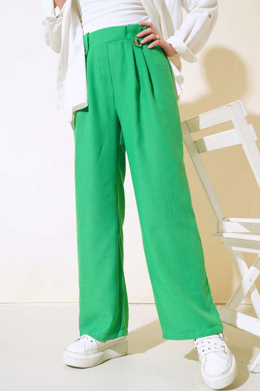 Weite Hose aus Leinen mit Knopfdetail in Grün