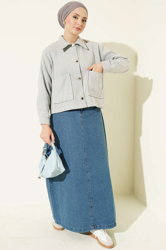 Grey Short Wool Coat With Button Details