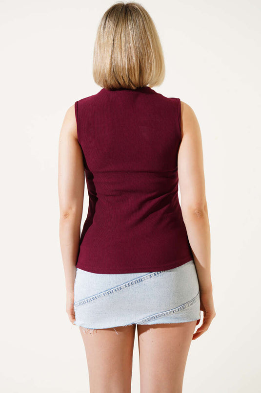 Button Detailed Sleeveless Blouse Burgundy