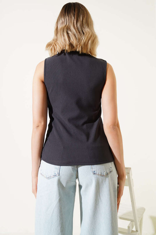 Button Detailed Sleeveless Blouse in Smoke