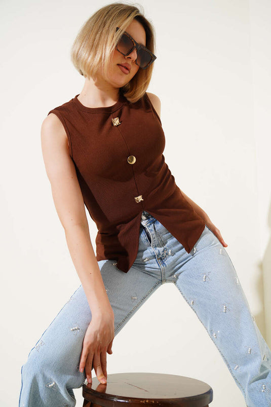 Button Detailed Sleeveless Blouse Brown